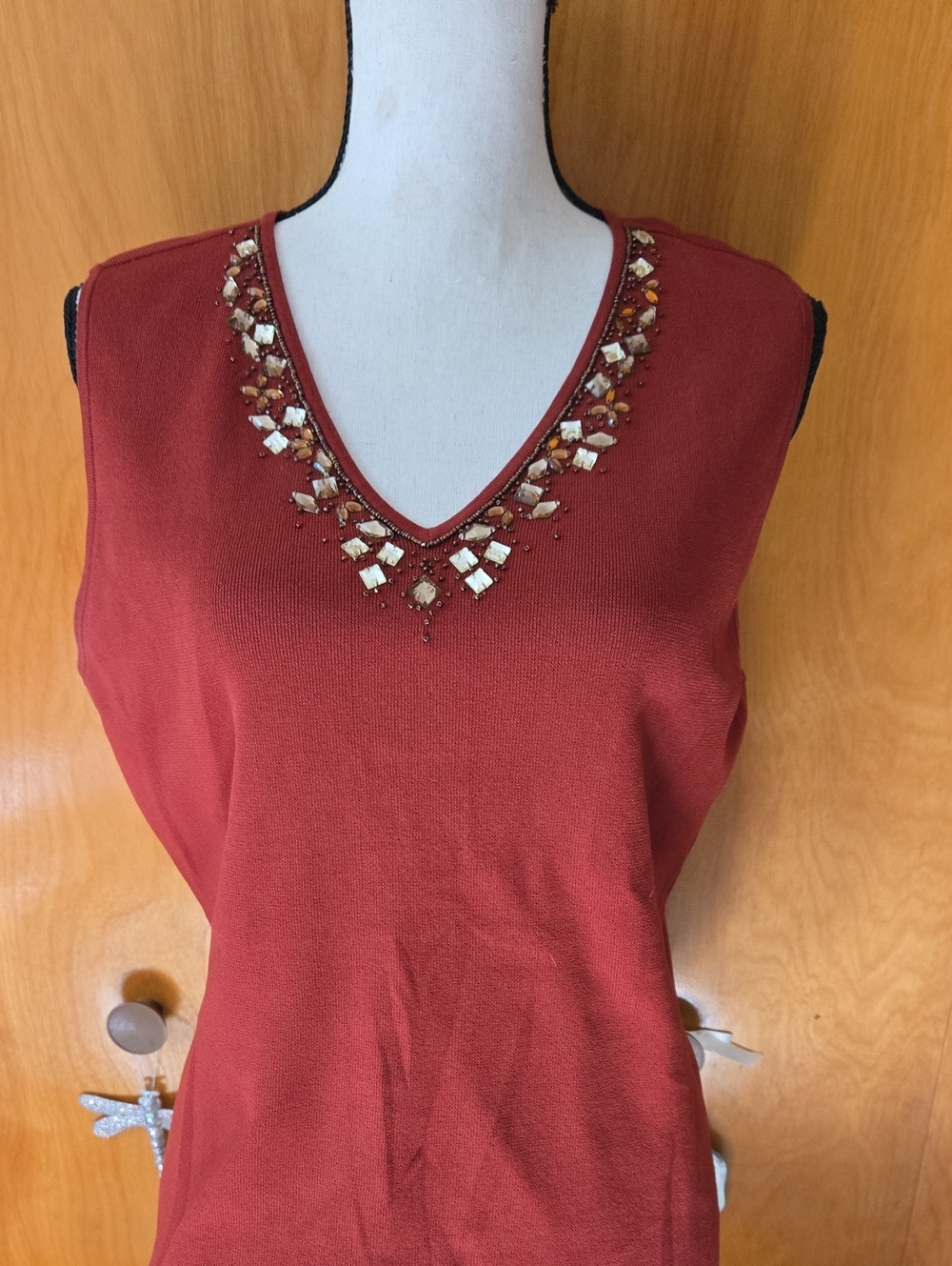 Chico's Brick Red Jeweled V-Neck Sleeveless Top